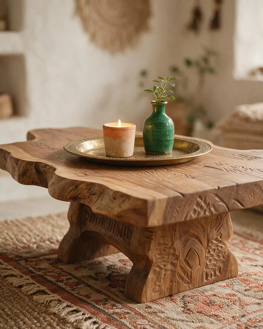 A rustic low wooden coffee table with a thick carved top sits on a patterned bohemian rug. A brass tray holds a lit candle and a small green ceramic vase with a sprig of greenery, while the softly blurred background shows warm neutral decor and woven textures.