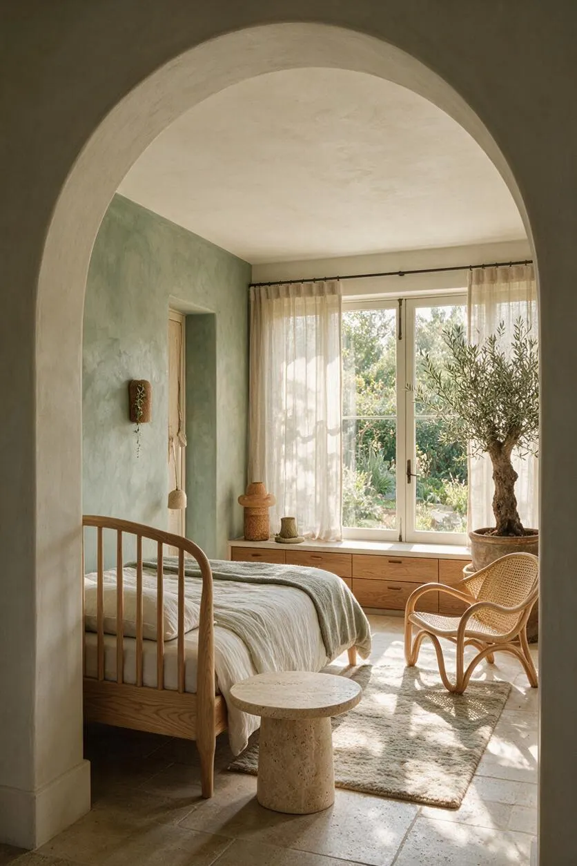 A serene guest bedroom framed by a large arched opening, featuring a light wood bed, pale green plaster walls, and sheer curtains filtering sunlight from a tall window. An olive tree in a pot, woven chair, textured rug, and natural stone table add organic materials and a calm, nature-inspired atmosphere.