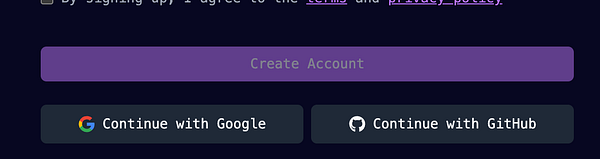 The image displays a login/signup interface with options to create an account using Google or GitHub.