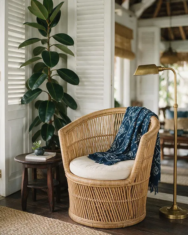 A tropical-style corner with a curved rattan lounge chair upholstered with a cream cushion and draped in a deep blue patterned throw. Beside it are a brass floor lamp, a dark wood side table, and a tall leafy plant against white shutters, creating a relaxed, natural vignette.