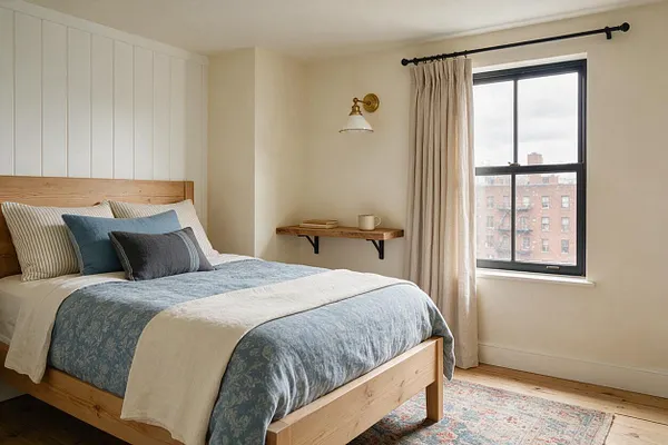 A bright farmhouse-style master bedroom with a natural wood bed frame, white vertical shiplap behind the headboard, and soft blue and gray bedding. Beige curtains frame a black-trimmed window, and a small rustic wood shelf with black brackets and a brass wall sconce add simple, warm details.