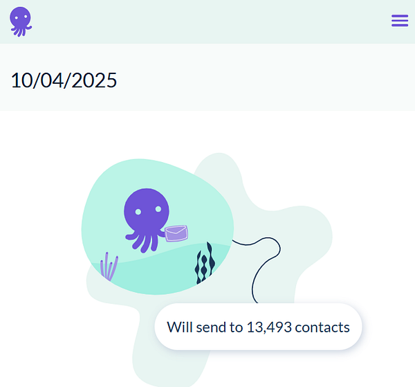 A whimsical illustration featuring an octopus preparing to send a newsletter to a large number of contacts.
