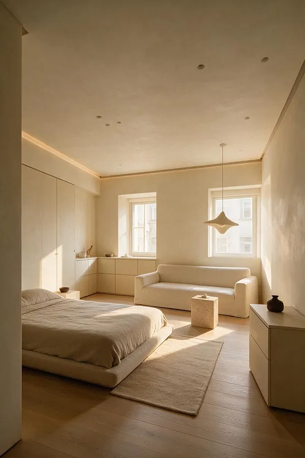 A minimalist studio apartment with a low platform bed in the foreground, a small rug, a compact sofa beneath two bright windows, and built-in cabinetry along the back wall. The room is finished in warm beige and cream tones with light wood flooring, a sculptural pendant light, and subtle recessed ceiling lighting.