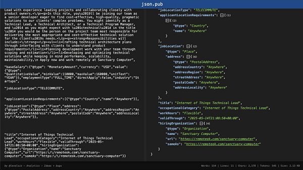 The image displays a JSON schema related to a job posting for a remote position.