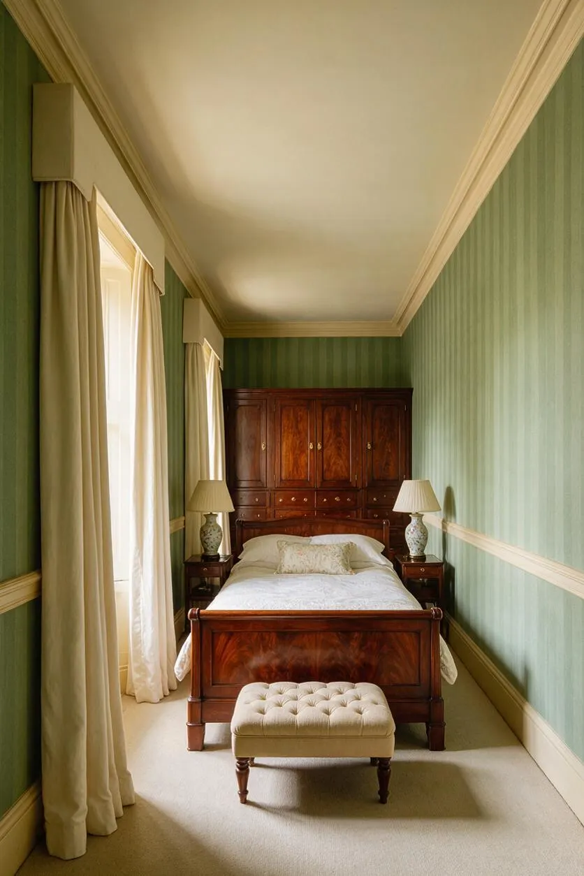 A narrow traditional master bedroom with green vertical-striped wallpaper, cream trim, and a polished wood bed centered against a matching cabinet headboard wall. Tall windows on the left are dressed with full-length beige drapes, and matching table lamps sit on dark wood nightstands. A tufted cream bench is placed at the foot of the bed, creating a classic, elegant look.