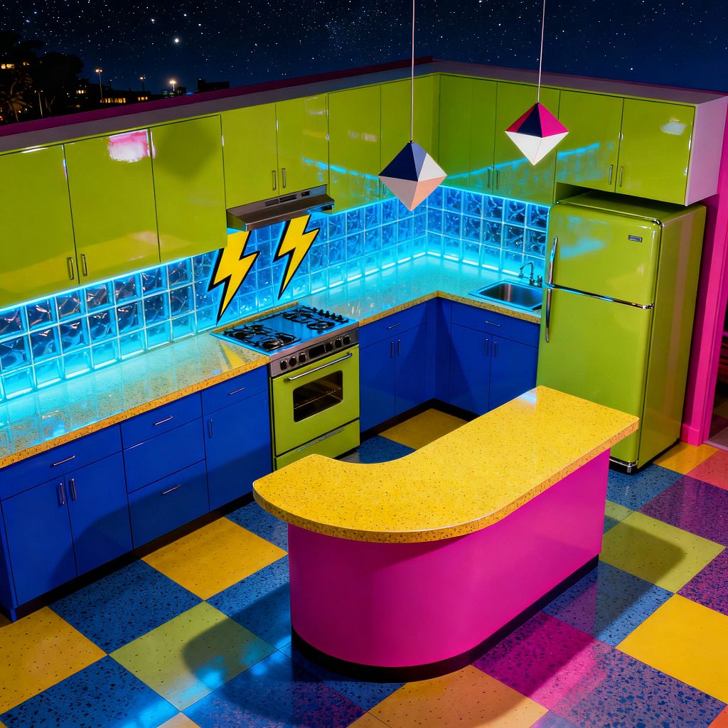 A Pop Art kitchen features glossy lime upper cabinets, cobalt lower cabinets, and a curved hot-pink island with a lemon-yellow speckled countertop. A neon-blue lit glass-block backsplash wraps the corner behind a stainless range with lime front, a retro lime refrigerator, and a small steel sink. Checkerboard yellow and blue speckled floor tiles, two tri-color geometric pendants, and lightning-bolt wall decals create a bold, high-contrast mood.