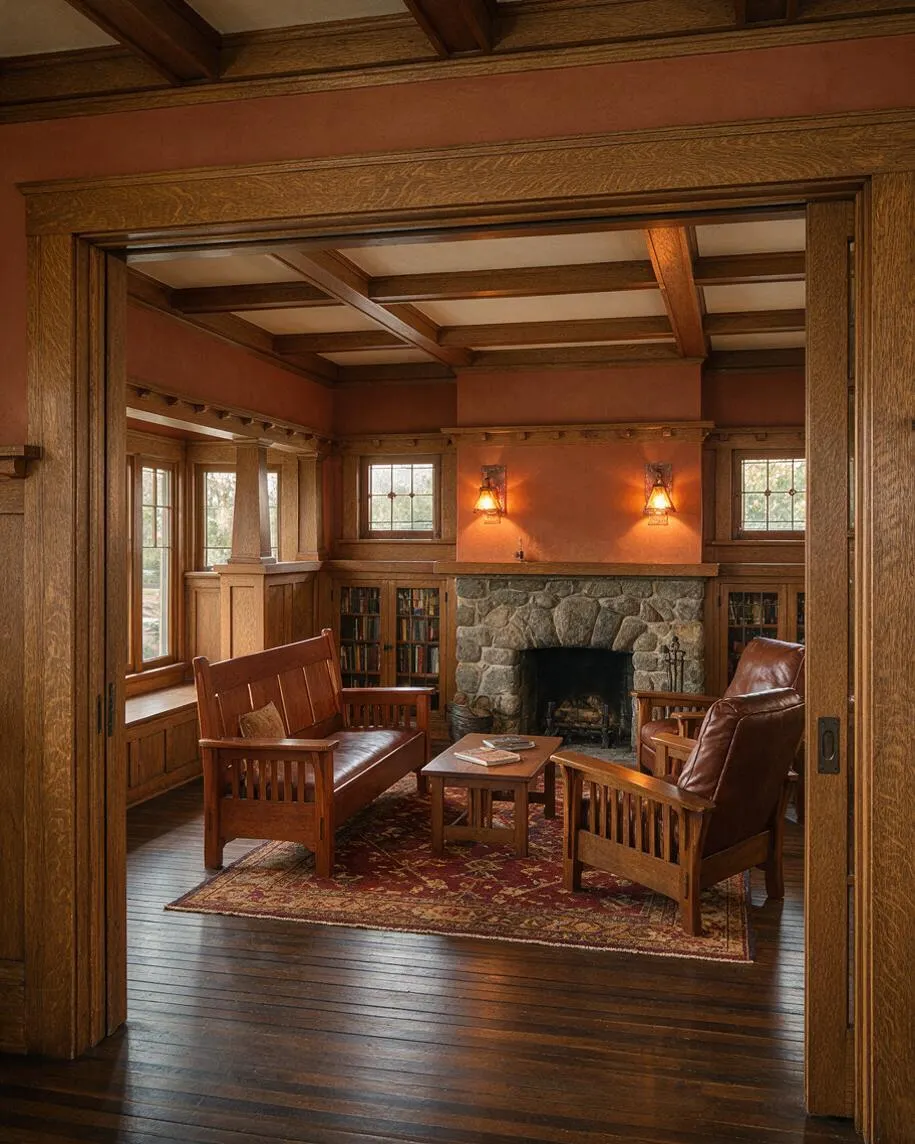 A cozy Craftsman-style sunroom framed by rich wood trim and coffered ceiling beams. Inside are leather and wood seating, a stone fireplace, built-in bookcases, and warm wall sconces above a patterned area rug.
