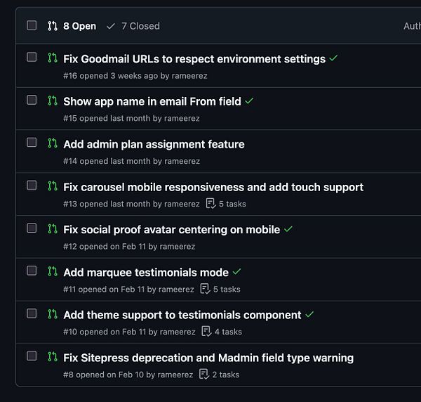 Screenshot of a GitHub Pull Request page displaying open and recently merged PRs for the LicenseSeat repository on the dev branch.