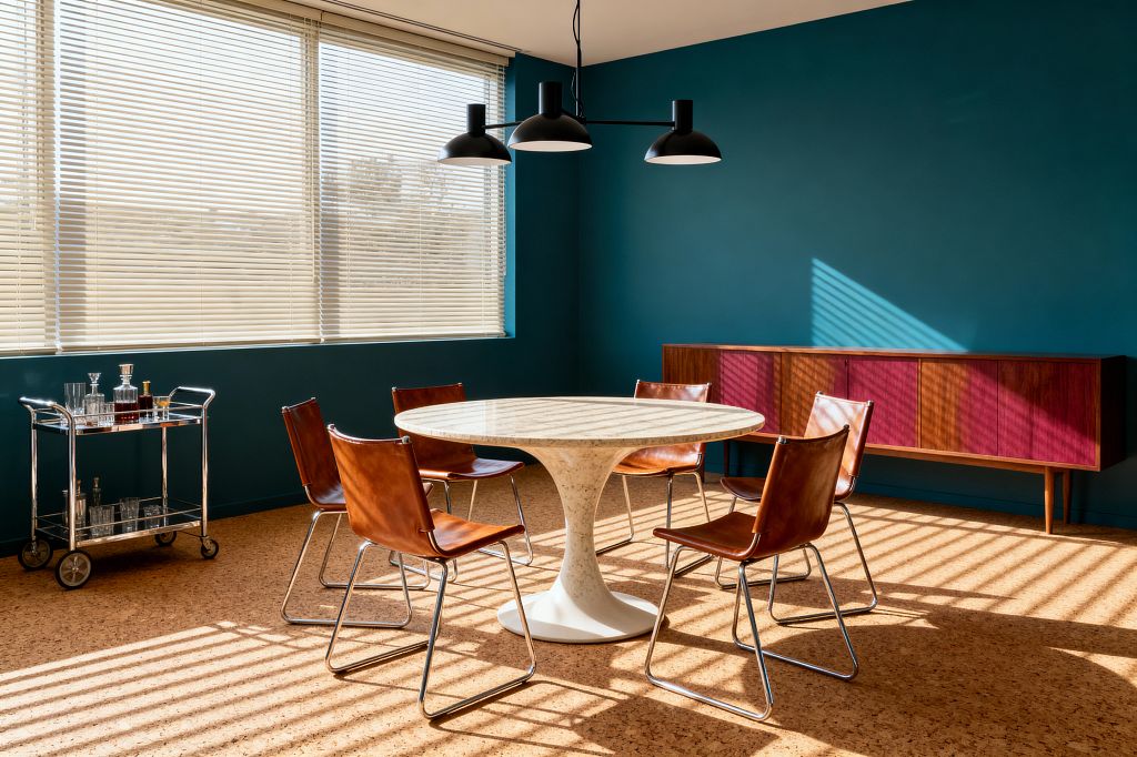 A mid-century modern dining room features a round white pedestal table with a light marble top, surrounded by six cognac leather sling chairs on chrome cantilever frames. A black three-shade pendant hangs above, while deep teal walls, a long walnut credenza with magenta sliding doors, and a chrome-and-glass bar cart define the space; cork flooring and wide windows with cream blinds cast striped sunlight across the room.