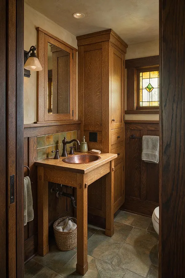 A compact Craftsman-style bathroom with a wood vanity, copper vessel sink, mirror-front medicine cabinet, and green tile backsplash. Dark wood trim, a stained-glass window, slate floor tiles, and soft towel accents create a warm, cozy atmosphere.