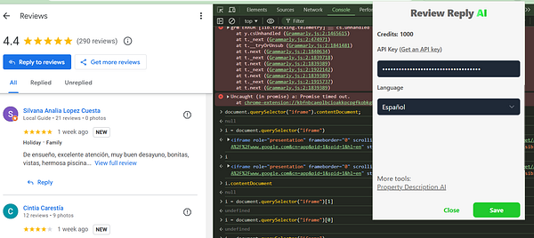 The image displays a Chrome browser interface showing Google Reviews alongside a developer console with code related to a Chrome extension called Review Reply AI.