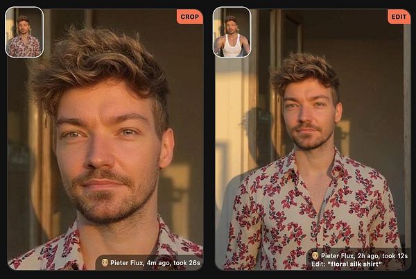 A side-by-side comparison of two images of a man with styled hair, showcasing different edits and cropping options.