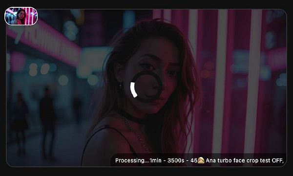 A woman with long hair is featured in a dimly lit environment with neon lights, while a processing status box is displayed on the screen.