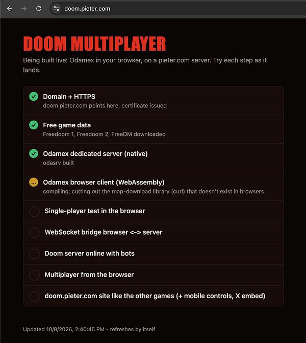 A project progress checklist webpage for building Doom Multiplayer on doom.pieter.com with detailed task statuses.