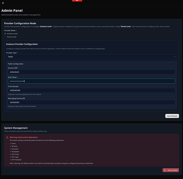 The image displays an admin panel interface for configuring an OTP API service.