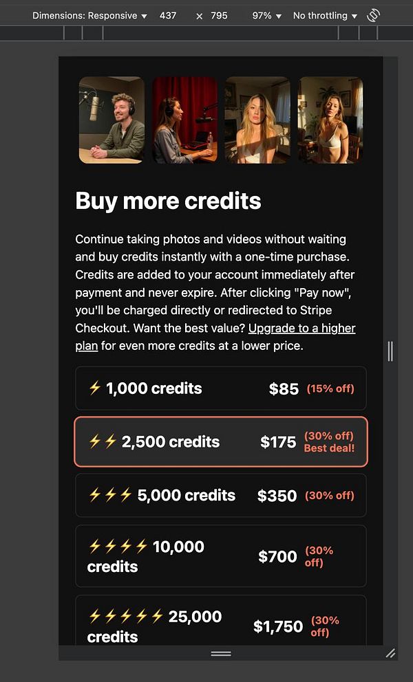 The image displays a mobile interface for purchasing credits with various pricing options.