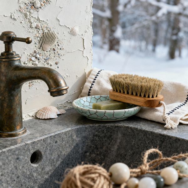 Close-up of a Wabi-Sabi laundry sink with a honed gray stone basin and an aged bronze faucet. A rough lime-plaster backsplash embedded with seashells and pebbles sits beside a crackle-glaze seafoam dish holding green soap, a wood-handled natural bristle brush, and a cream cotton towel with black stitching, while a snowy landscape is visible through the window.