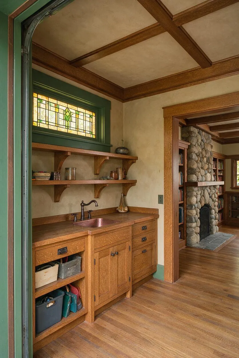 A Craftsman-style backyard mudroom or prep area with warm oak cabinetry, open wood shelves, a copper sink, and a small stained-glass window framed in deep green trim. The room opens toward a cozy adjacent space with a fieldstone fireplace and built-in bookshelves, all finished in earthy neutrals and natural wood tones.