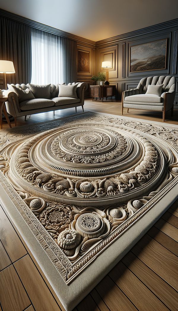 A close-up of a luxuriously carved rug showcasing intricate patterns with varying pile heights, placed in a stylish living room setting.