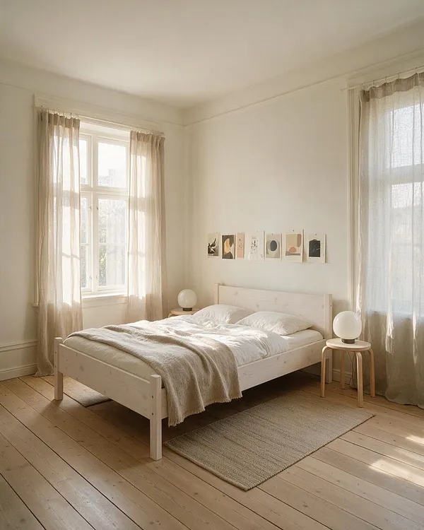 A bright Scandinavian-style guest bedroom with a light wood bed centered between two windows dressed in sheer beige curtains. The room has white walls, pale wood floors, a woven area rug, small round side tables, globe lamps, and minimalist wall art above the bed.