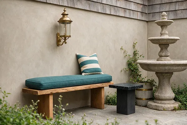 A quiet outdoor patio corner with a rustic wood bench topped by a teal cushion and striped pillow, set against a smooth stucco wall. A brass lantern is mounted above the bench, and a large stone tiered fountain anchors the right side beside a small black side table and trailing greenery.