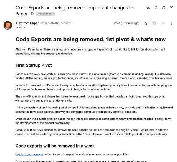 An email announcement detailing important changes to the Paper product, including the removal of code exports.