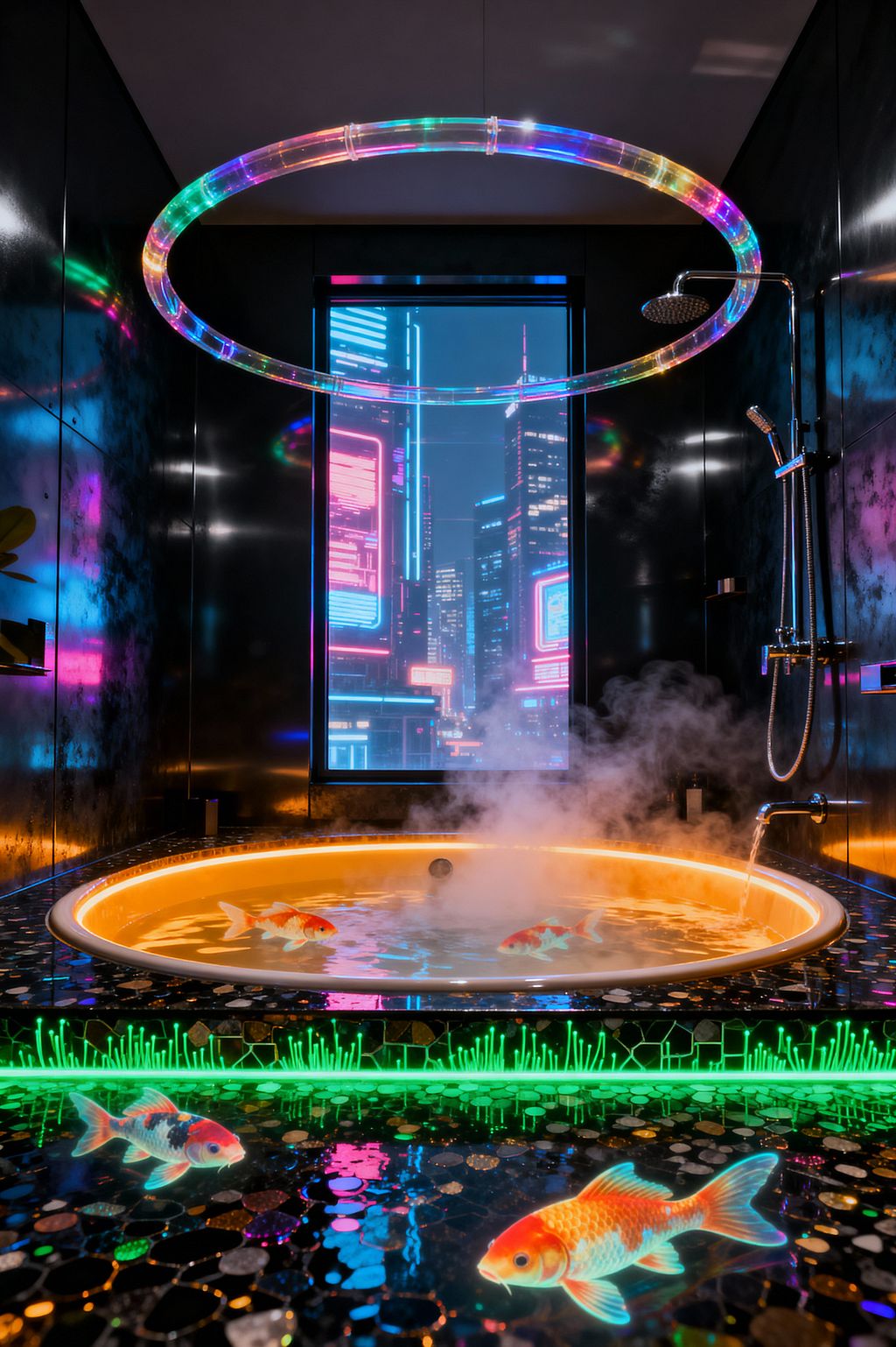 A cyberpunk bathroom centers on a round soaking tub with an amber LED rim and steaming water, set beneath a multicolor ring light. Black, reflective walls frame a tall window of neon‑lit skyscrapers; a chrome rain shower and wand sit to the right; the floor shows black hex mosaic and epoxy koi inlays edged by electric green light, with koi motifs also visible in the tub water.