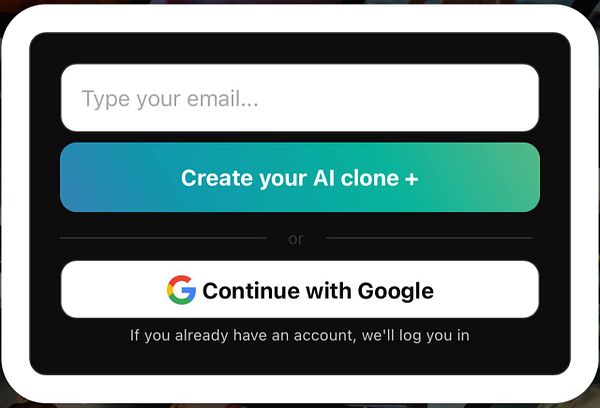 The image displays a login interface for an AI application with options for email entry and Google login.