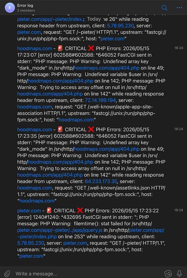 Screenshot of a code editor displaying Python code with functions and an error traceback in the terminal window related to sending messages via Telegram bot API.