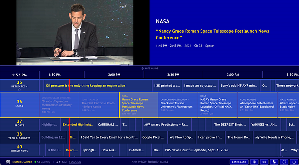 Screenshot of a YouTube Studio dashboard displaying channel lineup information including video list with thumbnails, titles, dates, and viewer counts.