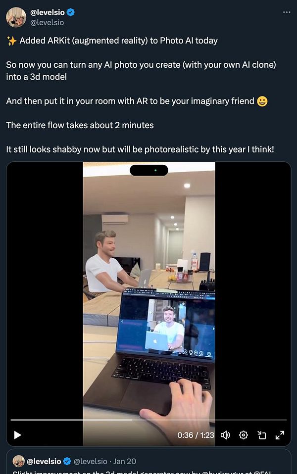 A person demonstrates the use of ARKit with a laptop displaying a 3D model of an AI-generated character.