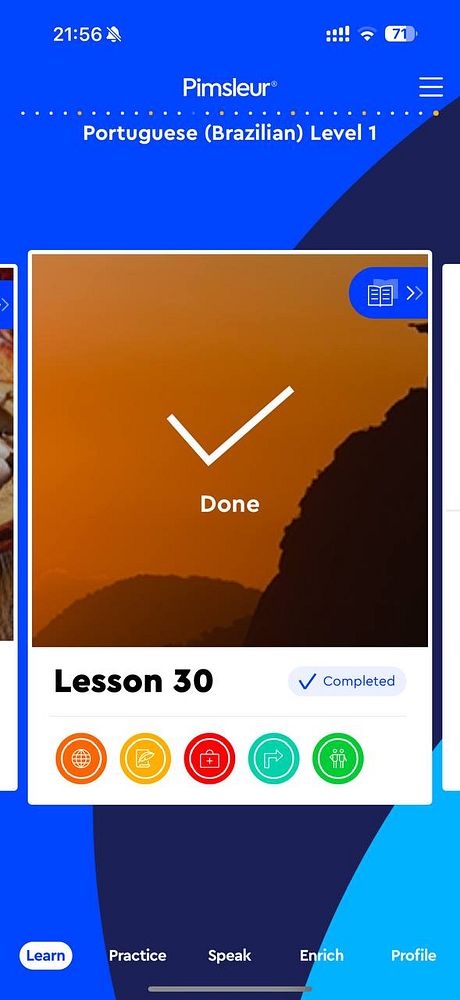 The image displays a completed lesson from the Pimsleur Portuguese language learning app.