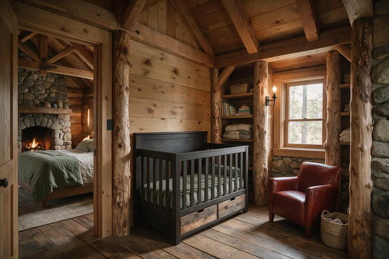 A rustic nursery inside a log cabin features exposed wood walls and beams, a dark wood crib with soft bedding, built-in shelving, and a red leather armchair by the window. Stone accents, a woven basket, and warm natural light create a cozy, cabin-like atmosphere.