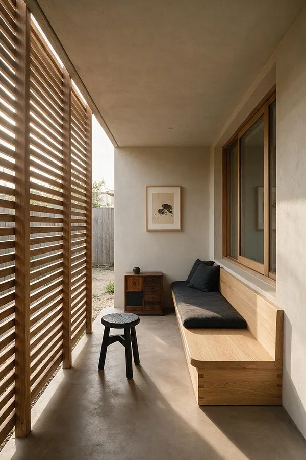 A narrow patio in Japandi style featuring a long built-in wooden bench with dark cushions, a small black stool, and a framed artwork on a textured wall. Slatted wood privacy screens on the left filter sunlight into soft striped shadows across the concrete floor.