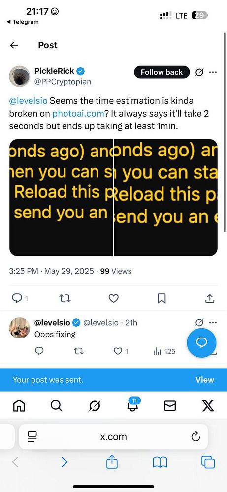 A Twitter conversation discussing a broken time estimation feature on photoai.com.