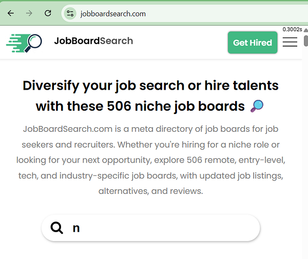 The image displays a webpage for JobBoardSearch.com, featuring a search bar and a description of the site's purpose.