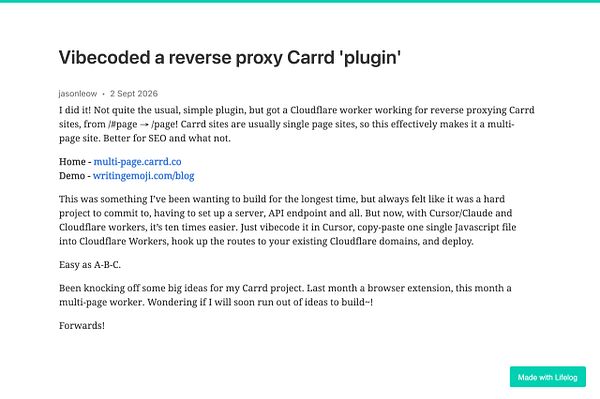 A webpage screenshot illustrating a Carrd site with a header, text input, custom button, error message, and a console log area.