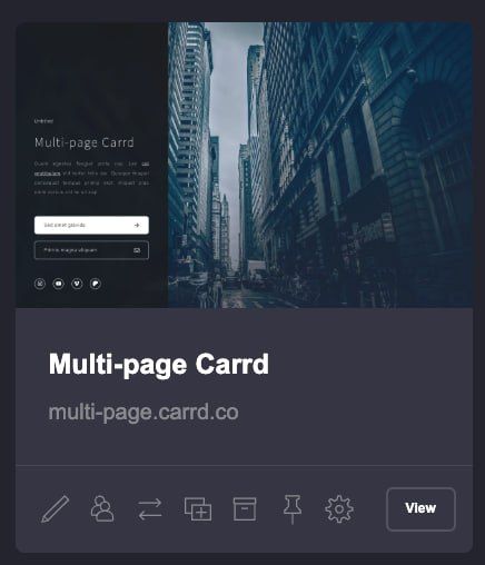 User interface of Carrd.co showing a multi-page landing page project in development with a URL to secure.