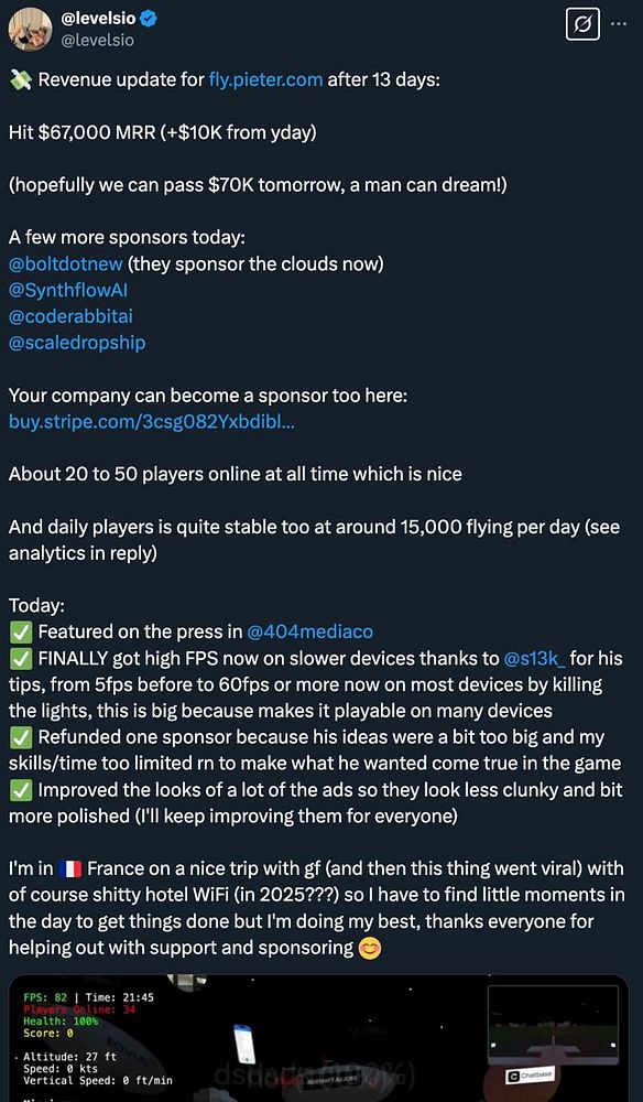 A Twitter post detailing a revenue update for the website fly.pieter.com, highlighting achievements and current player statistics.
