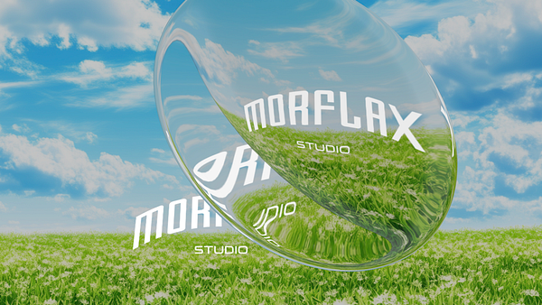 A stylized logo for Morflax Studio is displayed against a vibrant sky and grassy field background.