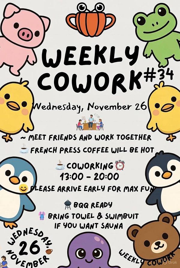 A colorful poster promoting a weekly coworking event with various cute animal illustrations.