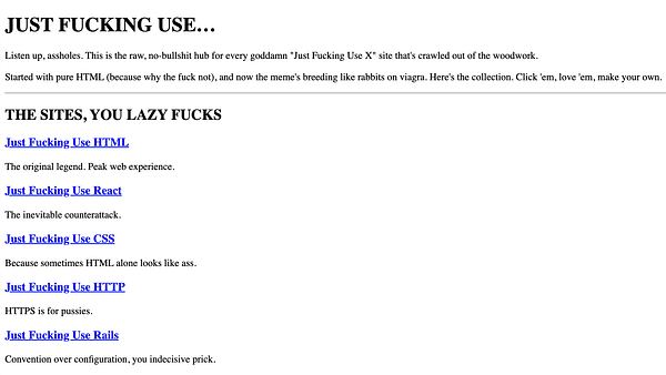 The image displays a webpage titled 'Just Fucking Use' featuring a list of web development resources.