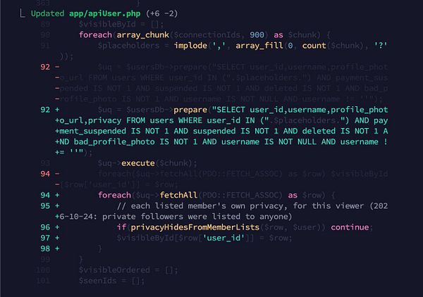 PHP code update in app/apiUser.php handling user data privacy in SQL queries and filtering results based on privacy settings.