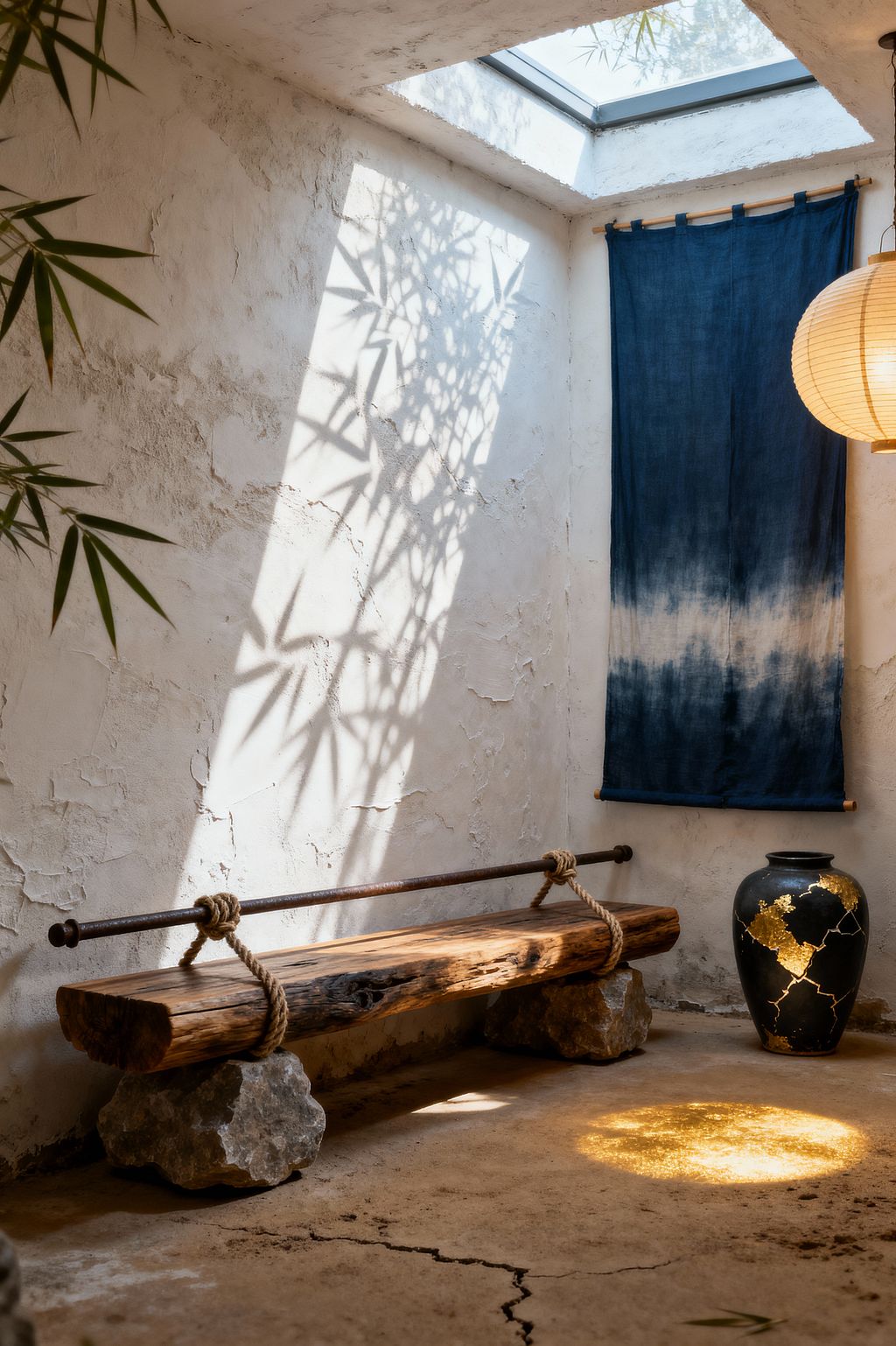 A small mudroom with textured white plaster walls and a cracked concrete floor sits beneath a skylight that casts bamboo leaf shadows. A raw wood slab bench is lashed with jute rope to a dark metal rod and rests on rough stone supports. On the right, an indigo-dyed wall hanging provides color beside a black ceramic vase repaired with gold kintsugi seams, while a paper lantern adds a warm note.