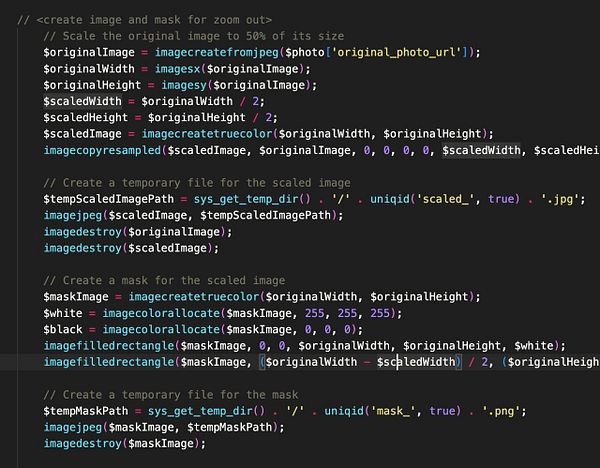 The image displays a segment of PHP code for scaling an image and creating a mask for a zoom-out effect.