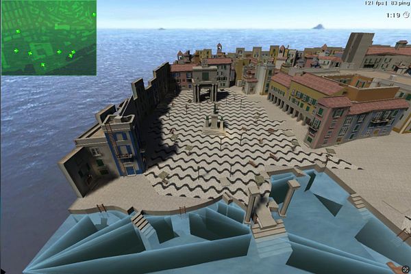 3D modeled digital map of Praça do Comércio in Lisbon for the game ut4_lisbon showing a central open square with wave pattern flooring, surrounding buildings, and waterfront steps.