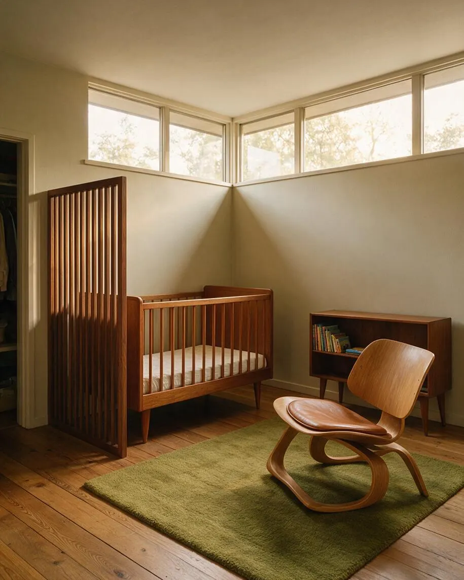 A serene nursery with a walnut crib, a matching slatted room divider, and a sculptural wooden rocking chair on an olive-green rug. High clerestory windows bring in soft daylight, while a low bookshelf and warm wood floor complete the minimalist mid-century modern look.