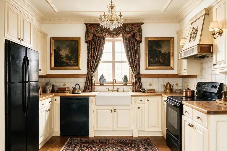 A Traditional kitchen in the Cream and Oak palette: cream, warm white, honey oak, stone beige, and antique bronze