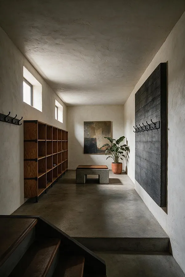 A narrow mudroom with textured white plaster walls, a concrete floor and bench, and warm wood cubbies along one side. Black metal hooks line both walls, a large dark panel anchors the right wall, and a potted plant and abstract artwork soften the stark Brutalist look.