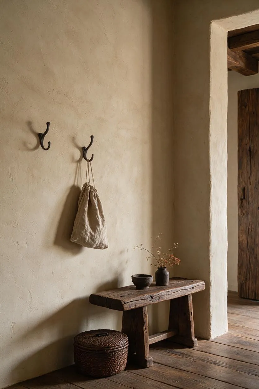 A serene wabi-sabi hallway vignette with textured plaster walls, two dark iron wall hooks, and a soft linen drawstring bag hanging on one hook. Below, a weathered rustic wooden bench holds a small bowl and a ceramic vase with dried stems, while a woven lidded basket sits on the floor beside it. A rough timber doorway and plank floor complete the natural, lived-in scene.